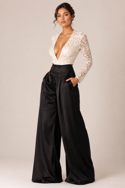 "Ethereal Whisper" Black Satin Skirt Pants