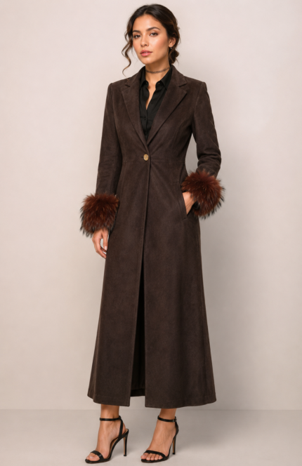 Brown Longline Coat with Fur Cuffs